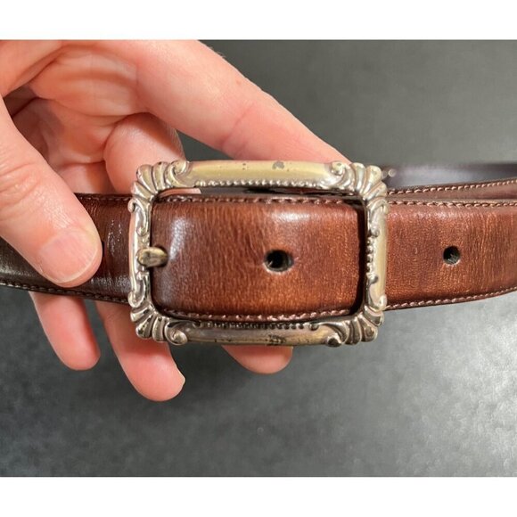 Fossil Brown Leather Belt Western Silver Tone Buckle & Conchos Womens Medium - Picture 2 of 7